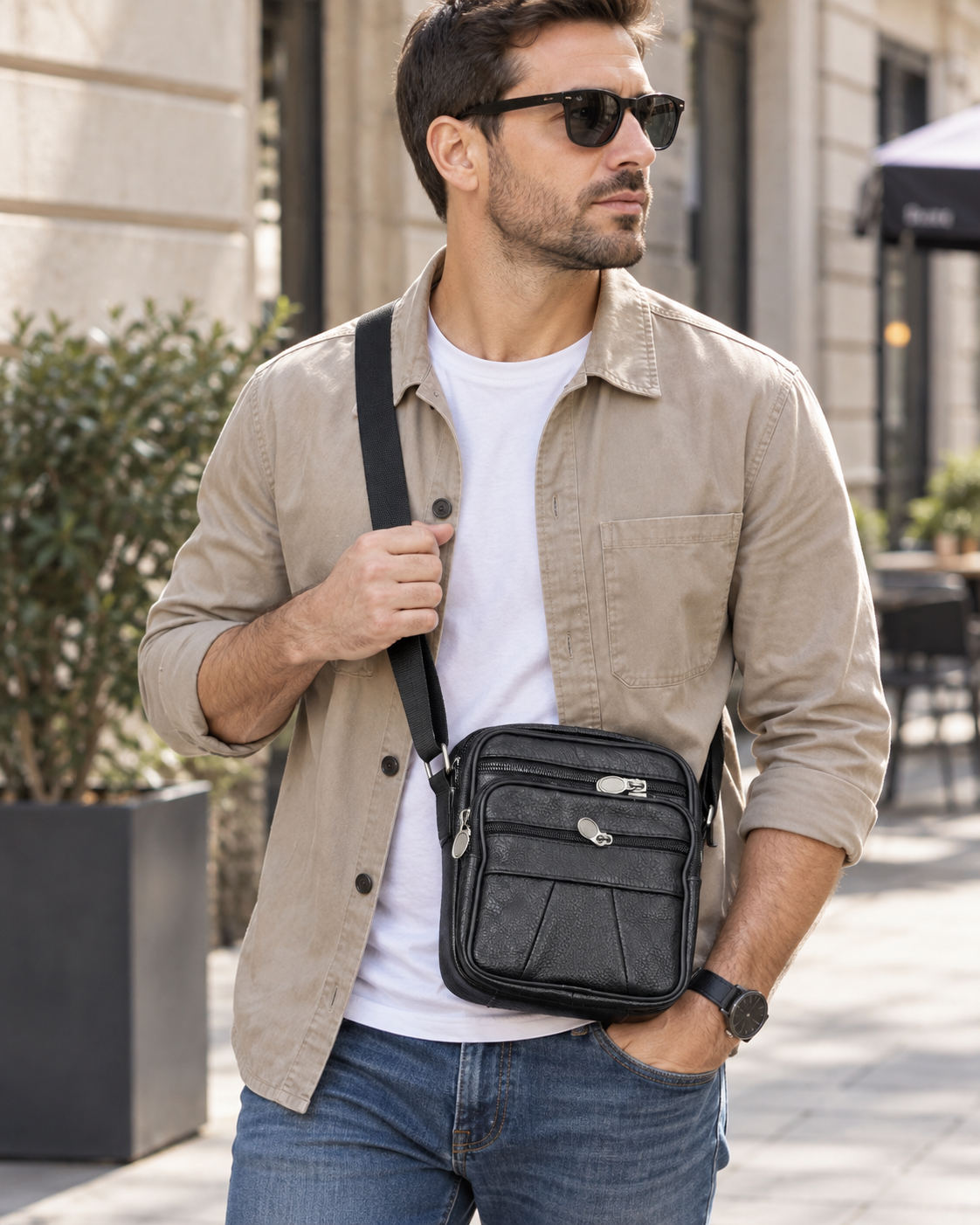 Muška torba preko ramena 13001 — AI lifestyle ilustracija s osobom