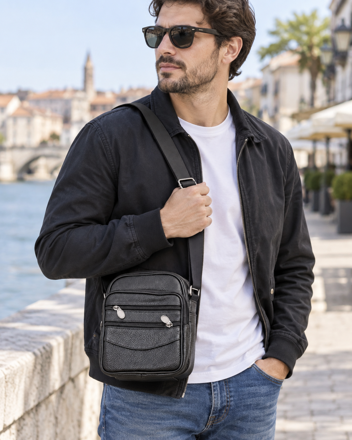 Muška torba preko ramena 9015 — AI lifestyle ilustracija s osobom