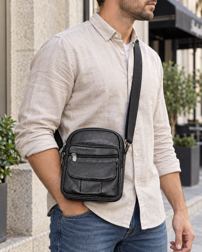 Muška torba preko ramena 9019 s malim preklopom — AI lifestyle ilustracija s osobom