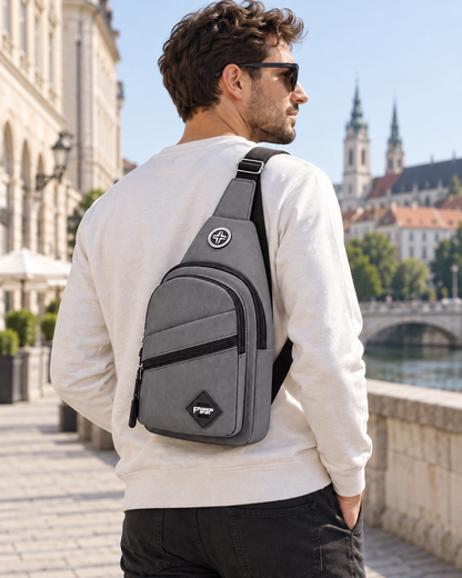 Sportska torba preko ramena s dvjema oznakama — AI lifestyle ilustracija s osobom