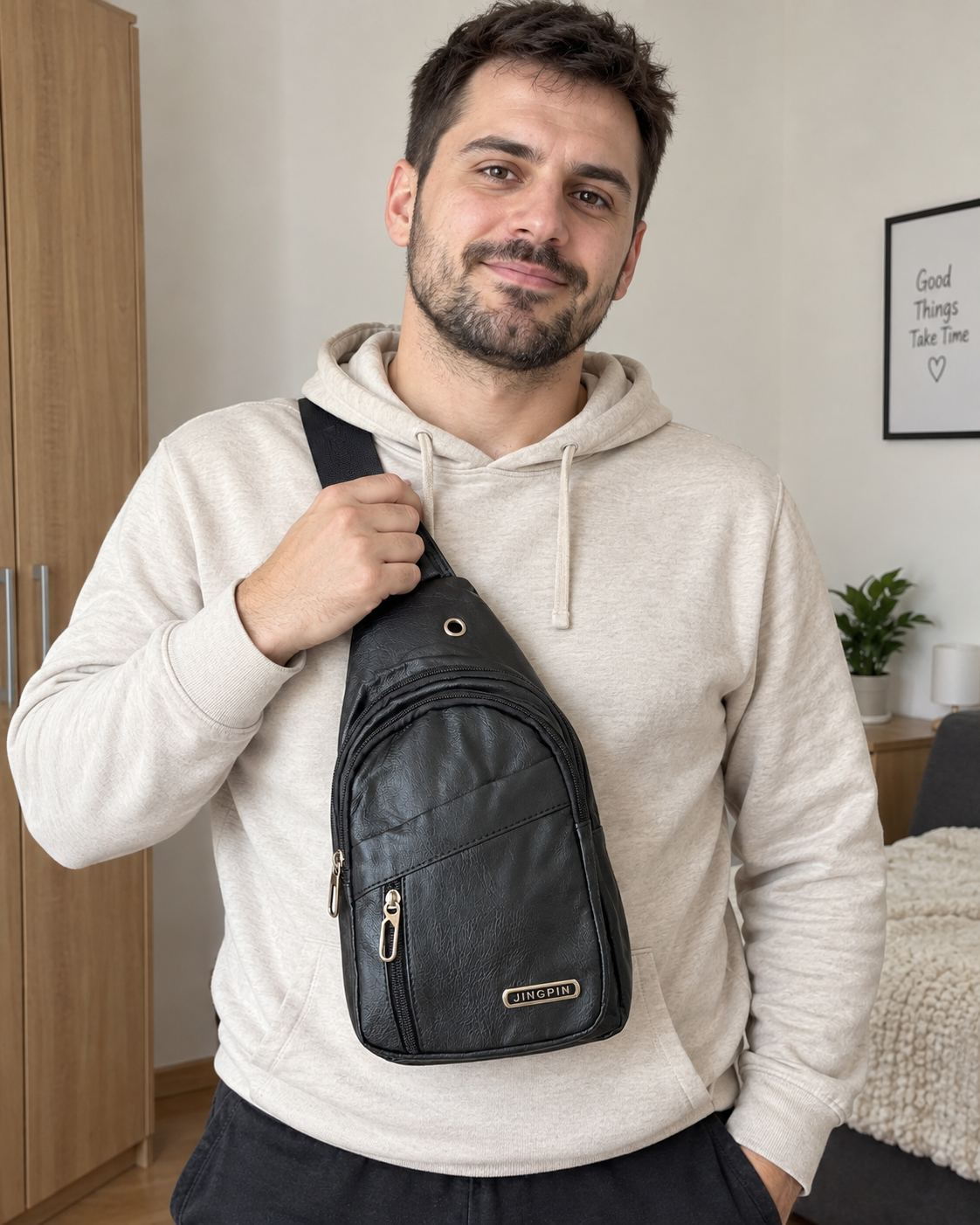 Torba preko jednog ramena s teksturiranom površinom — AI ilustracija u UGC stilu