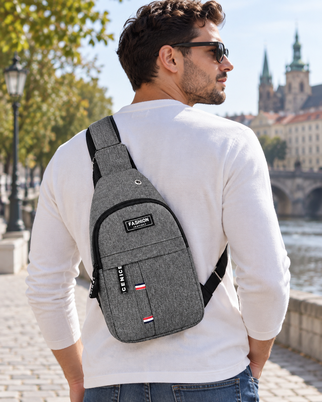 Sportska torbica preko ramena s kontrastnom prugom — AI lifestyle ilustracija s osobom