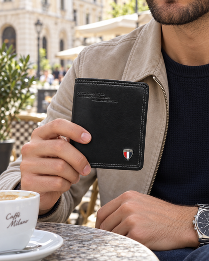 Uspravni muški novčanik M-wa15 — AI lifestyle ilustracija s osobom