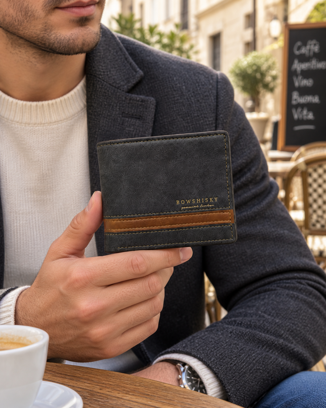 Muški novčanik M-wa02 s kontrastnom prugom — AI lifestyle ilustracija s osobom