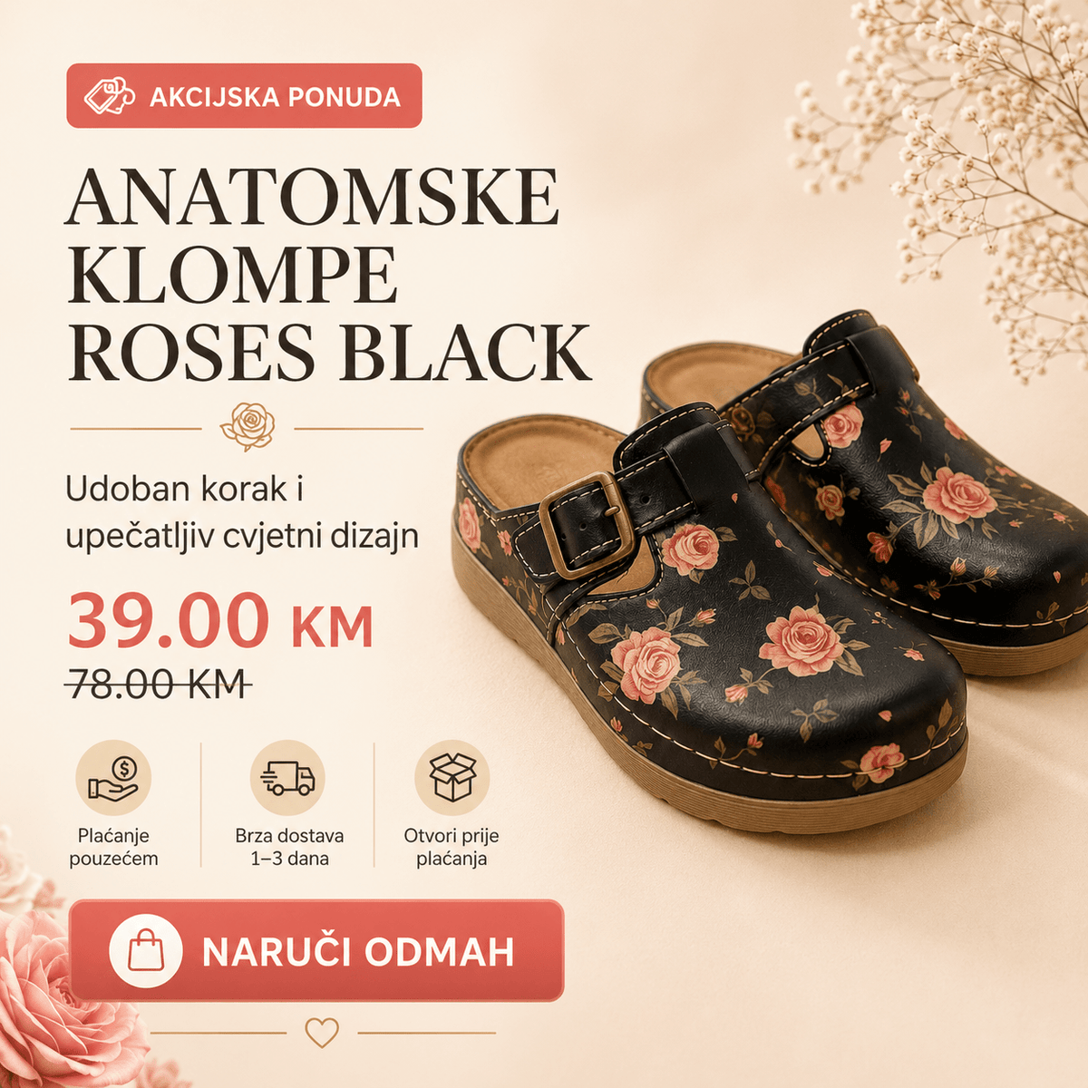 Anatomske klompe Roses Black – Obuća i Papuče – 37 – slika 2