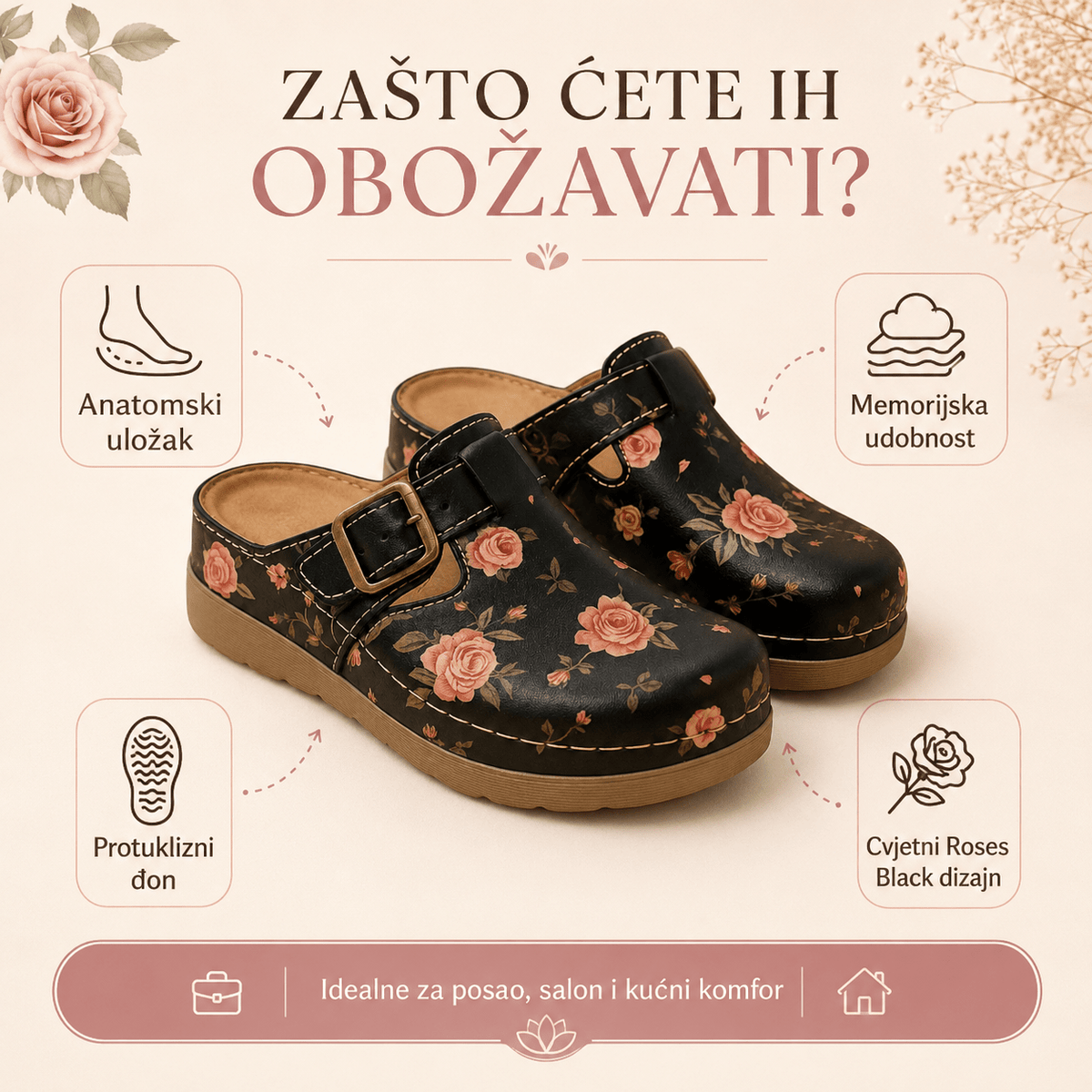Anatomske klompe Roses Black – Obuća i Papuče – 37 – slika 6