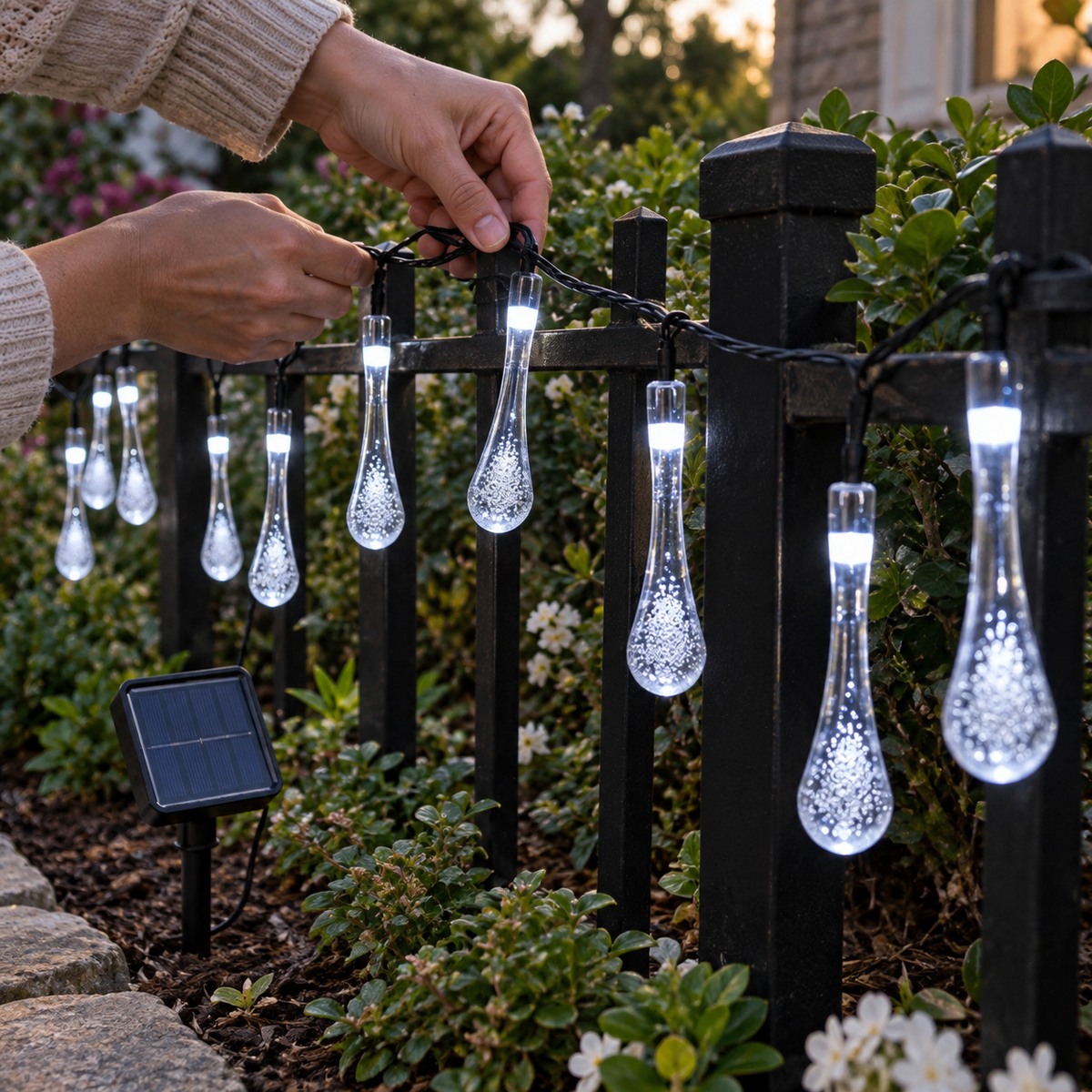 Solarne LED lampice Kapljice – 40 LED – ilustrativni prikaz u svakodnevnom ambijentu