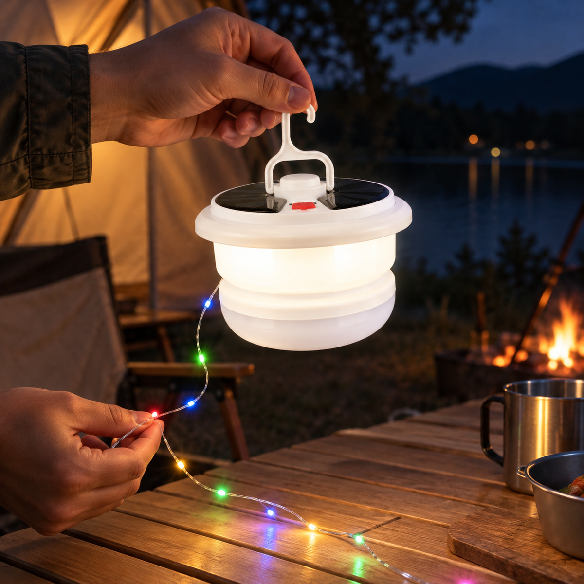 Solarna viseća lampa YX669 s RGB lampicama 10 m – ilustrativni prikaz u svakodnevnom ambijentu