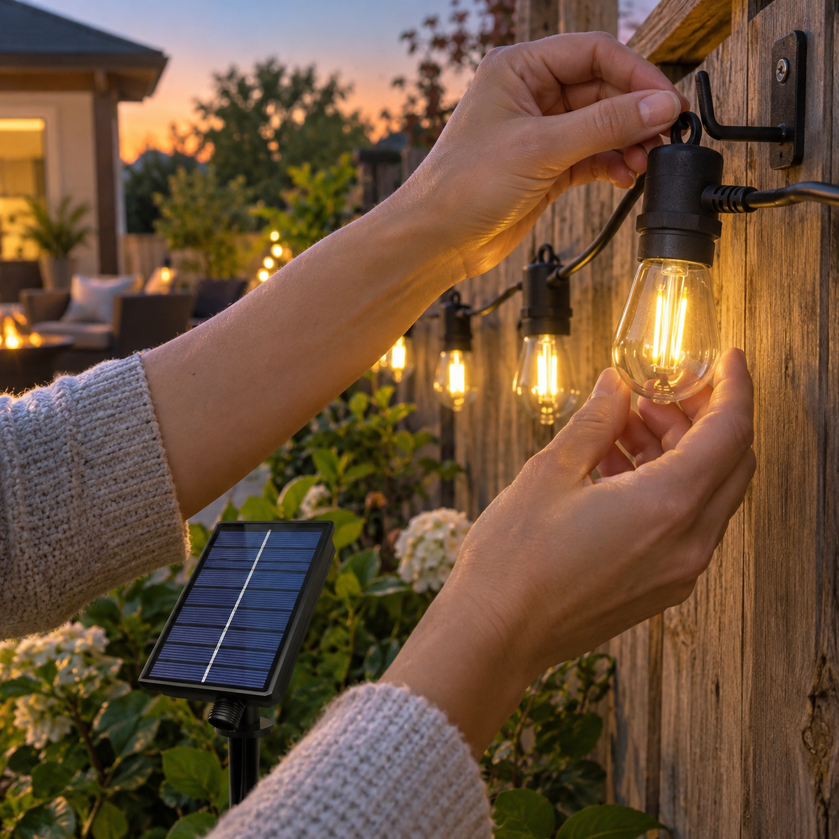 RIXME solarni lanac 10 m – 10 LED sijalica – ilustrativni prikaz u svakodnevnom ambijentu