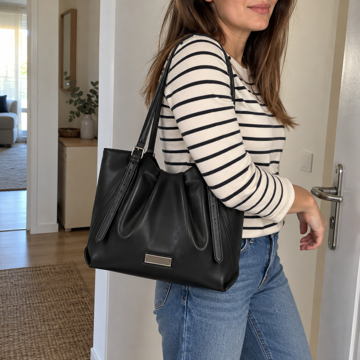 Ženska shopper torba s dugim ručkama 5665 — Crna — prikaz korištenja
