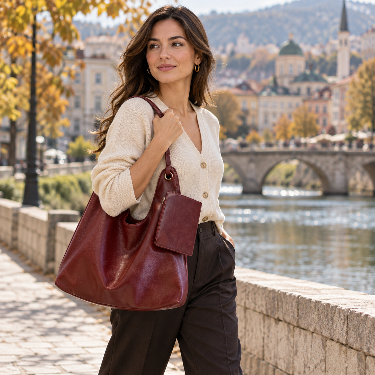 Ženska hobo torba s manjom torbicom 6815 — Bordo — prikaz u ambijentu