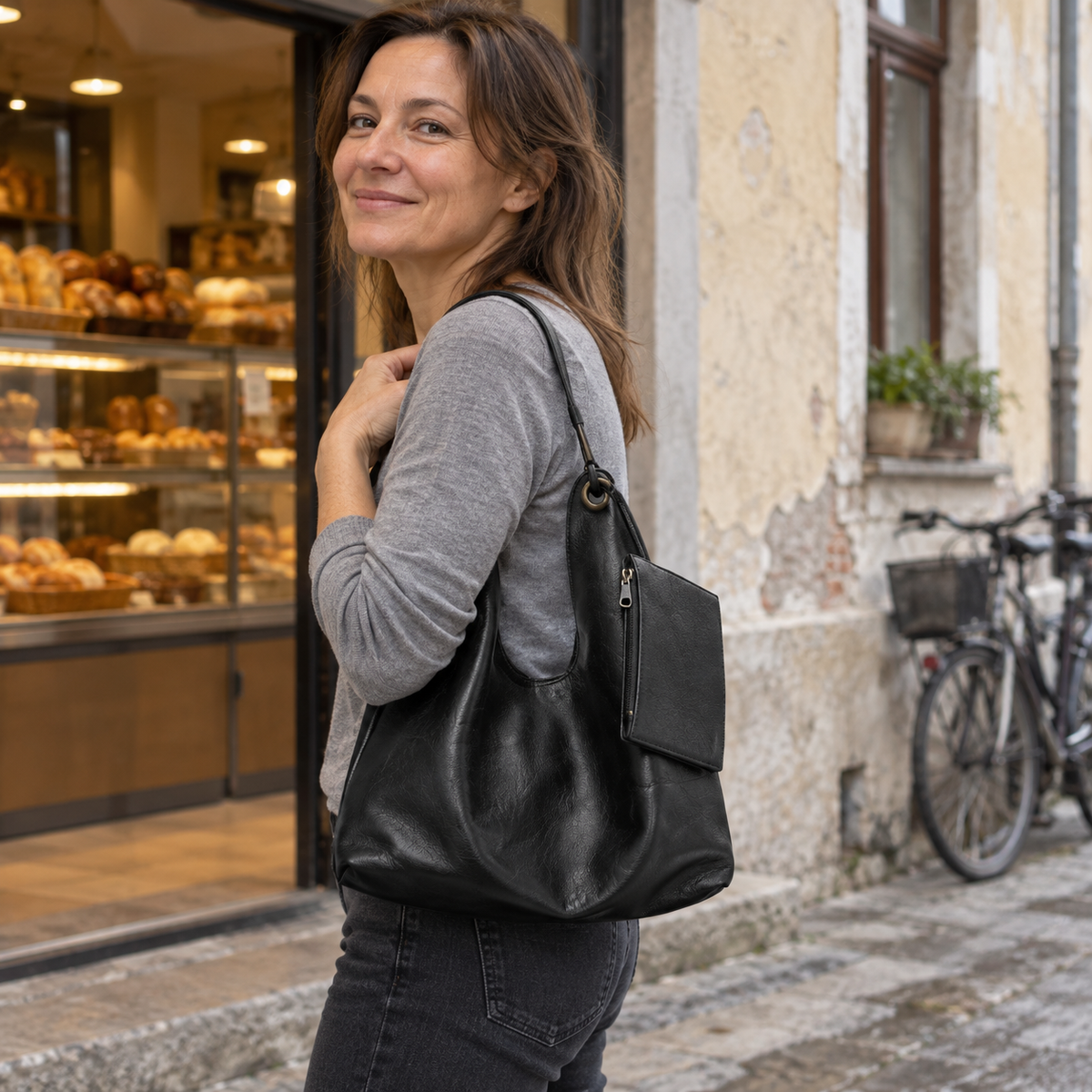 Ženska hobo torba s manjom torbicom 6815 — Crna — prikaz korištenja