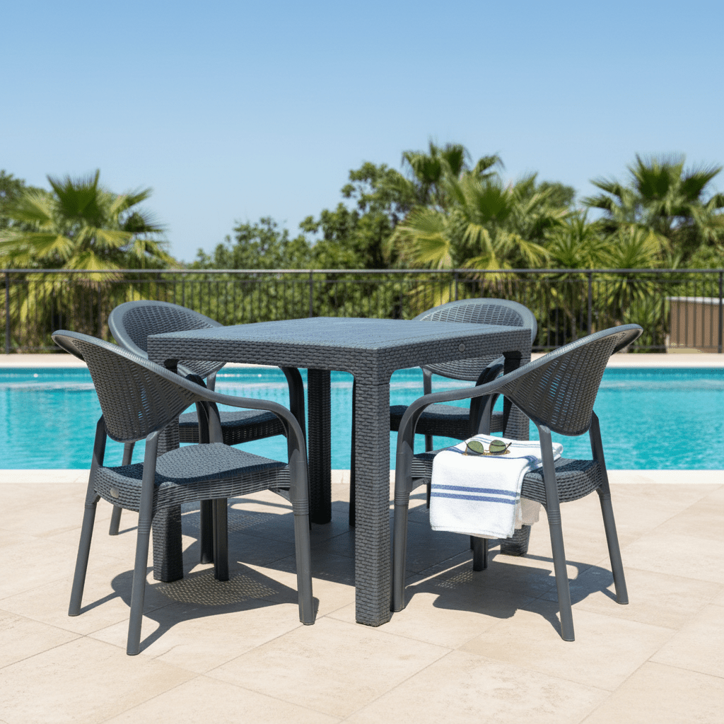 BAŠTENSKI SET Stol i 4 Stolice 90x90cm – Baštenski Namještaj – Tamno Siva – slika 1