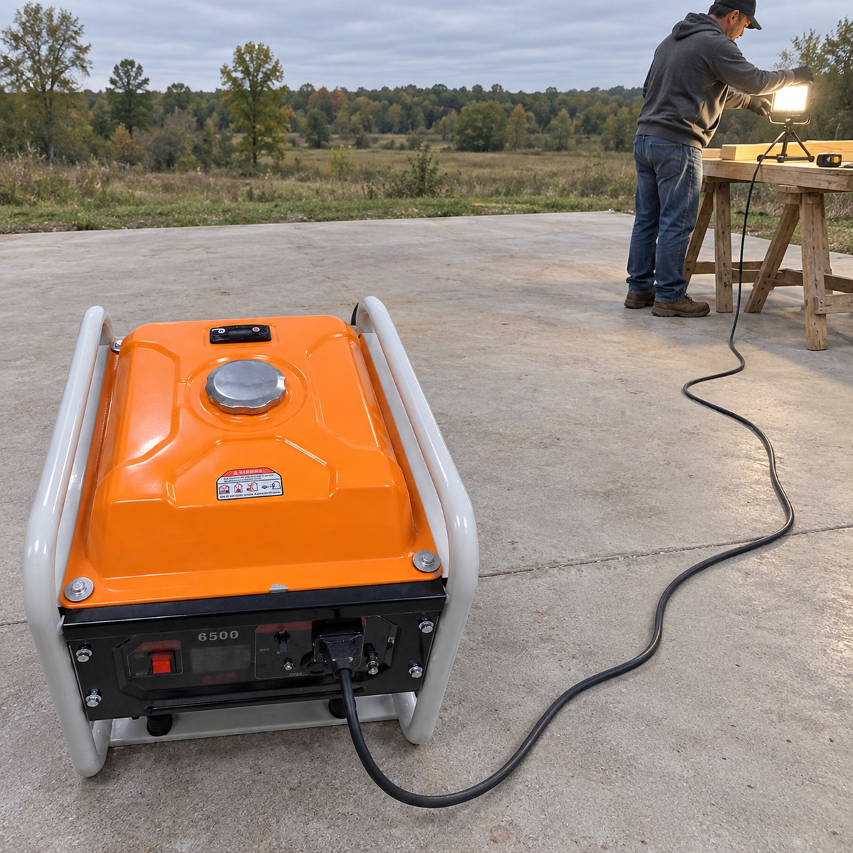 Viši pogled na narandžasti agregat i priključenu radnu rasvjetu