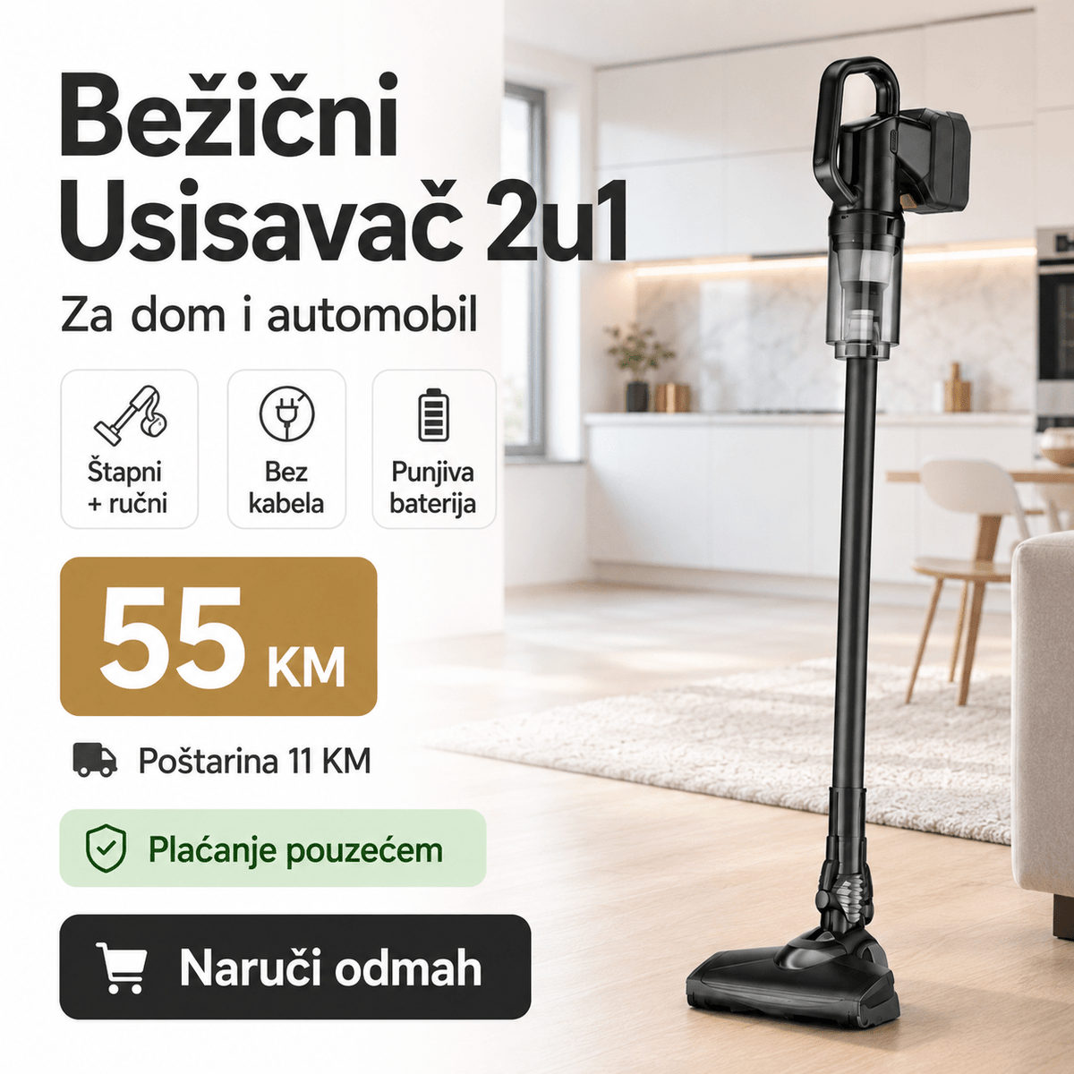 Bežični Usisavač 2u1 Model 6634 – Štapni i Ručni Usisavač za Dom i Automobil – Usisavači – – slika 2