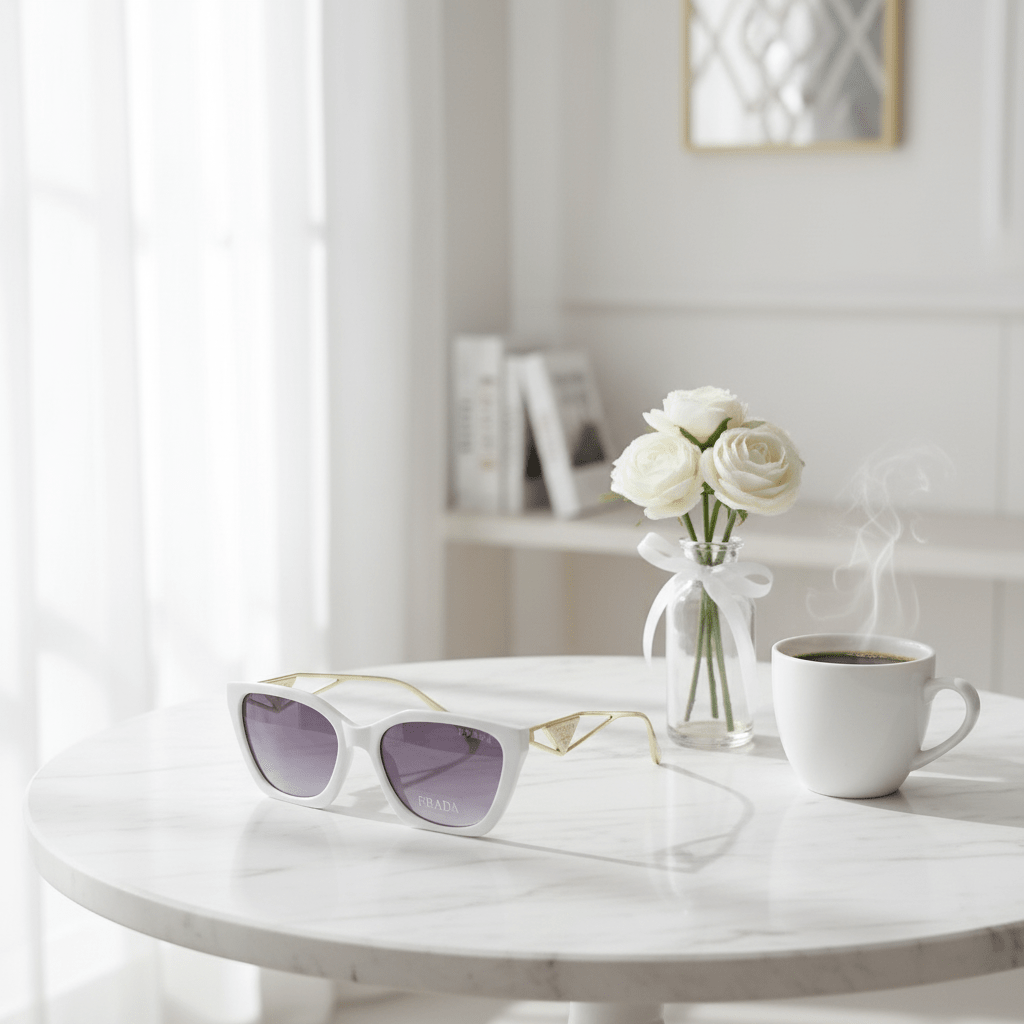 Bijele Cat - Eye Sunčane Naočale – Sunčane naočale – Bijela sa zlatnim detaljima – slika 5