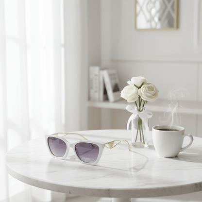 Bijele Cat - Eye Sunčane Naočale – Sunčane naočale – Bijela sa zlatnim detaljima – slika 5