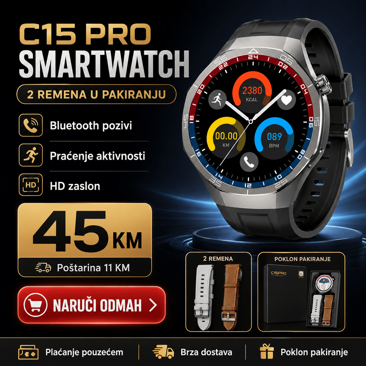 C15 Pro Pametni Sat s Dva Remena – – – slika 2