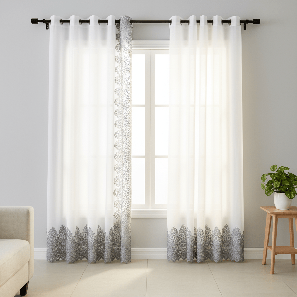 Cortina Elegantne Bijele Zavjese s Čipkom i Metalnim Grommetima – Zavjese i paravani – 140x240 cm Bijela/Siva – slika 1