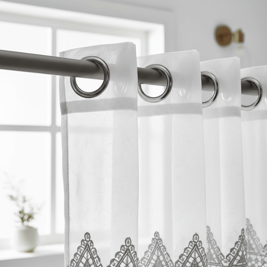 Cortina Elegantne Bijele Zavjese s Čipkom i Metalnim Grommetima – Zavjese i paravani – 140x240 cm Bijela/Siva – slika 3