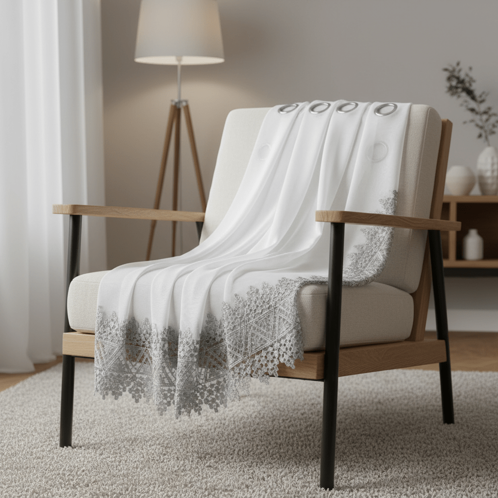 Cortina Elegantne Bijele Zavjese s Čipkom i Metalnim Grommetima – Zavjese i paravani – 140x240 cm Bijela/Siva – slika 5