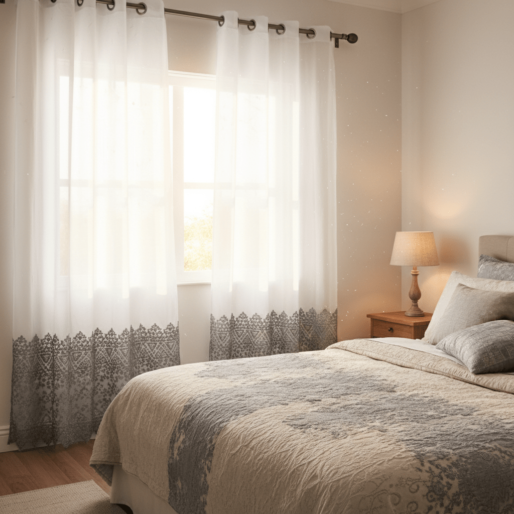 Cortina Elegantne Bijele Zavjese s Čipkom i Metalnim Grommetima – Zavjese i paravani – 140x240 cm Bijela/Siva – slika 2