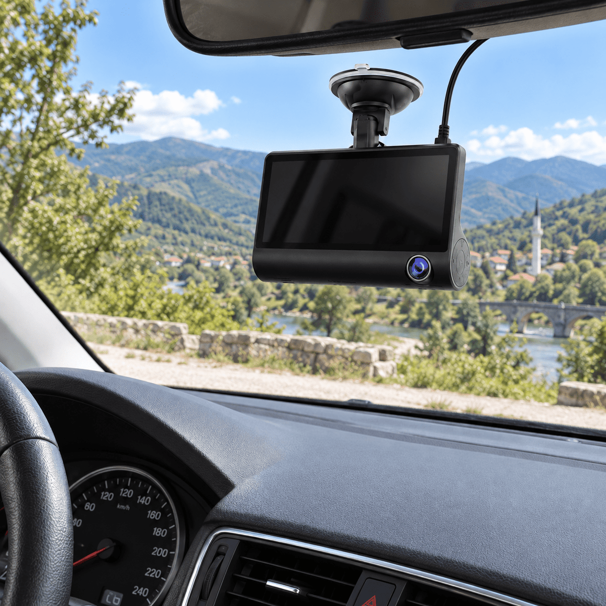 Crna auto DVR kamera s ekranom i vakuumskim nosačem – Auto DVR kamere s cilindričnim donjim dijelom – – slika 2