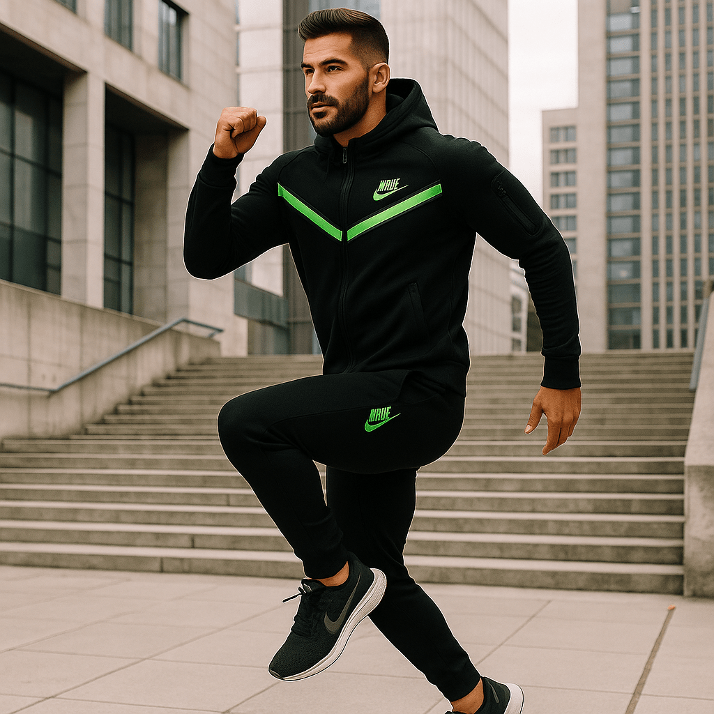 Crna muška trenirka s neonsko - zelenim detaljima - SAMO KLIKNI