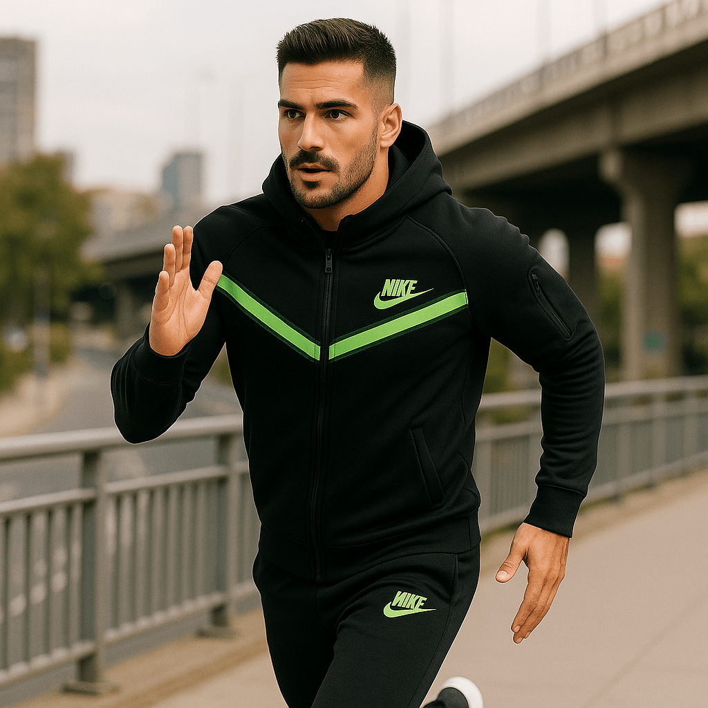 Crna muška trenirka s neonsko - zelenim detaljima - SAMO KLIKNI