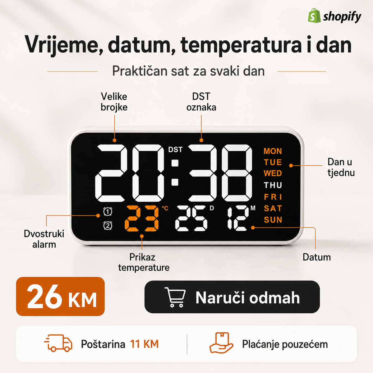 Digitalni LED Stolni Sat DS-3835L – Satovi – – slika 4