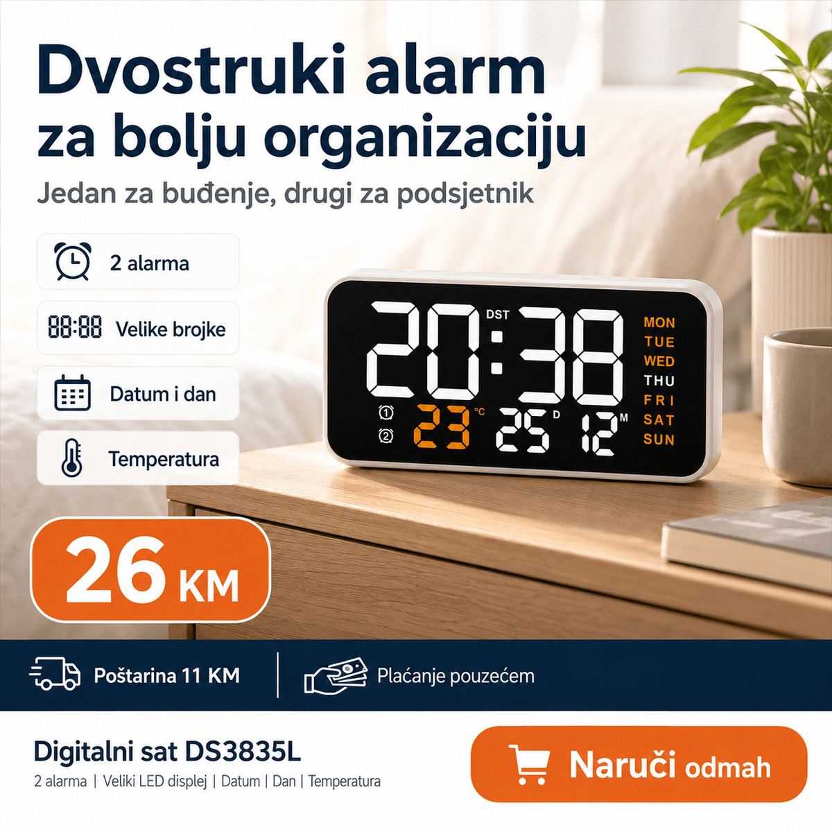 Digitalni LED Stolni Sat DS-3835L – Satovi – – slika 6