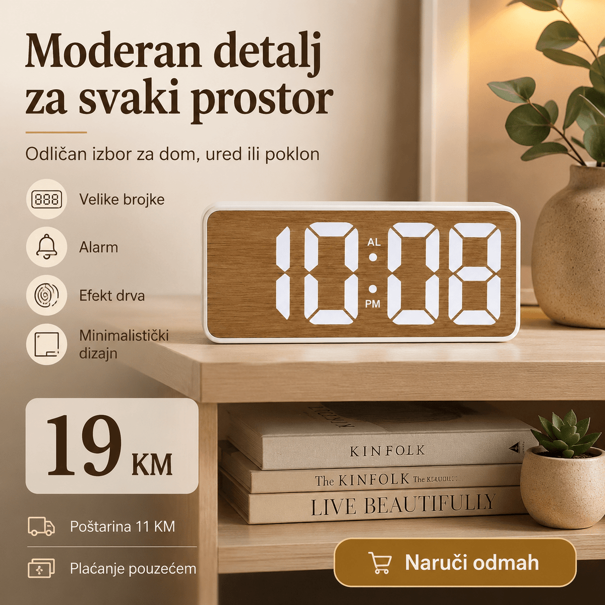 Digitalni LED Stolni Sat GS-5911B s Efektom Drva – Satovi – – slika 6