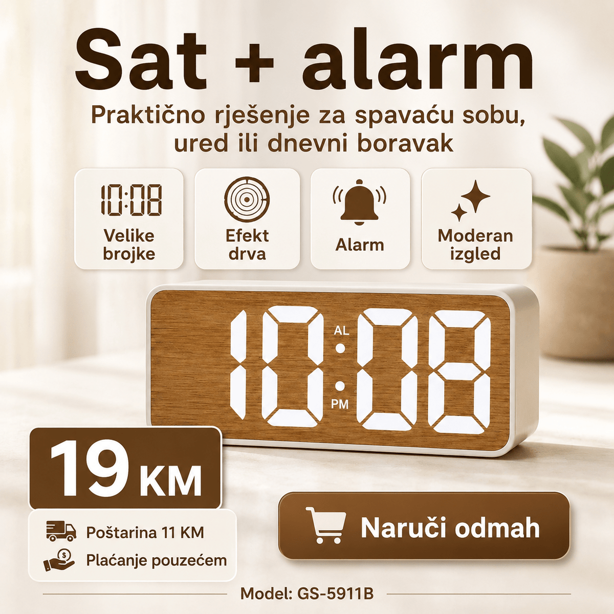 Digitalni LED Stolni Sat GS-5911B s Efektom Drva – Satovi – – slika 8