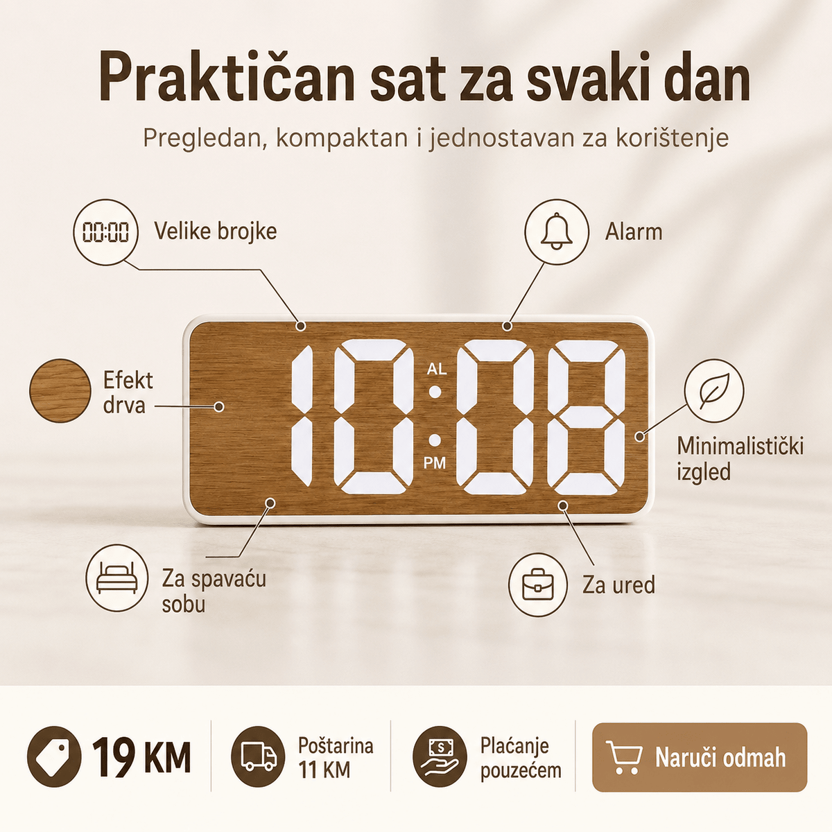 Digitalni LED Stolni Sat GS-5911B s Efektom Drva – Satovi – – slika 3