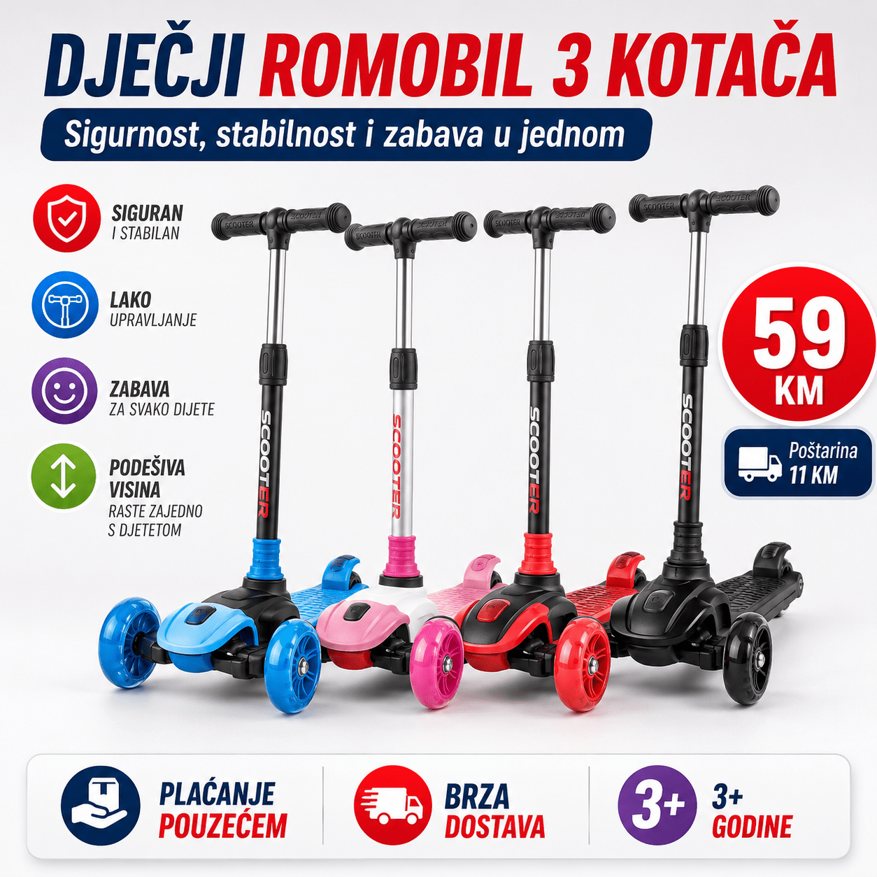 Dječji Romobil 3 Kotača – – Crvena – slika 1