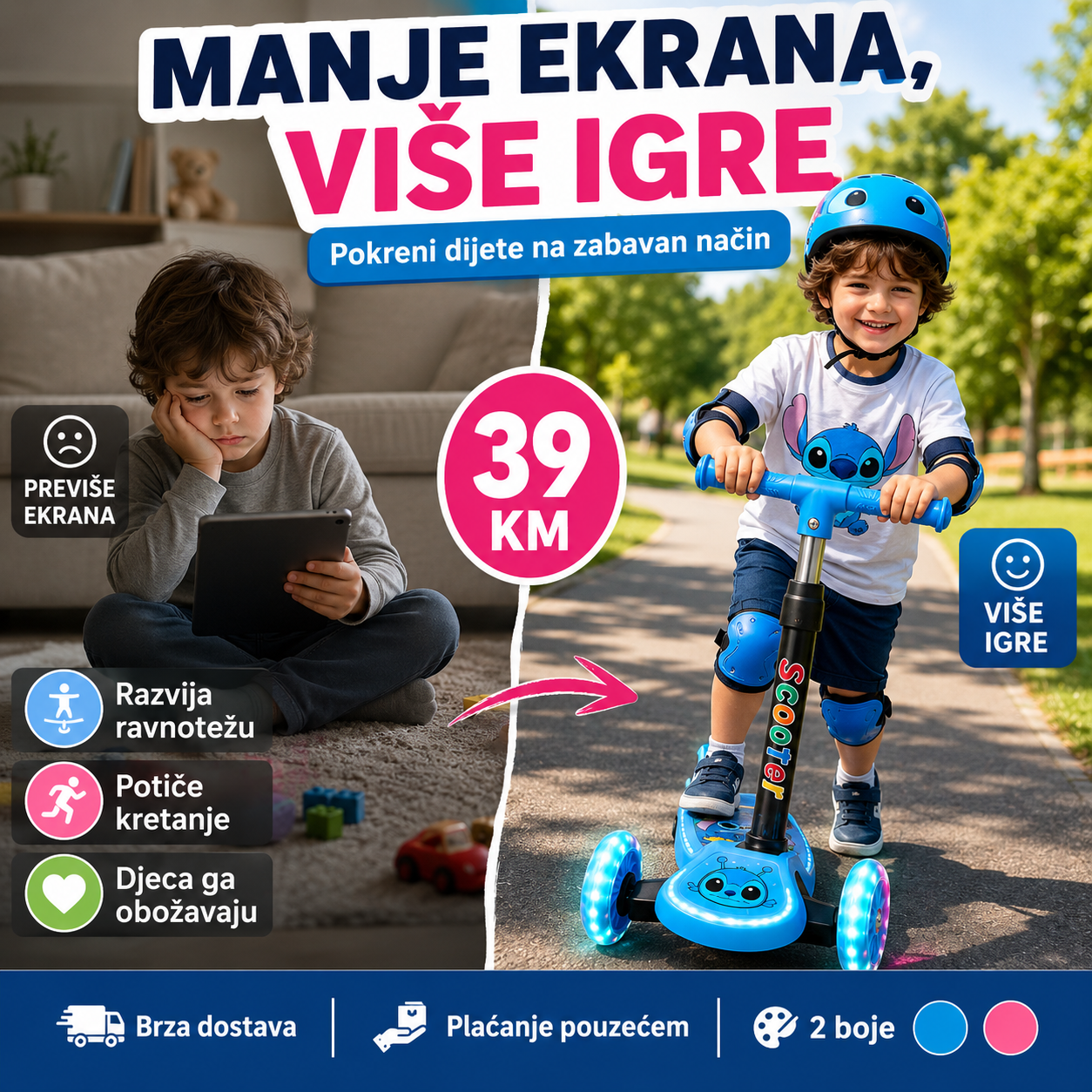 Dječji Romobil sa LED Svjetlima – – Plava – slika 5