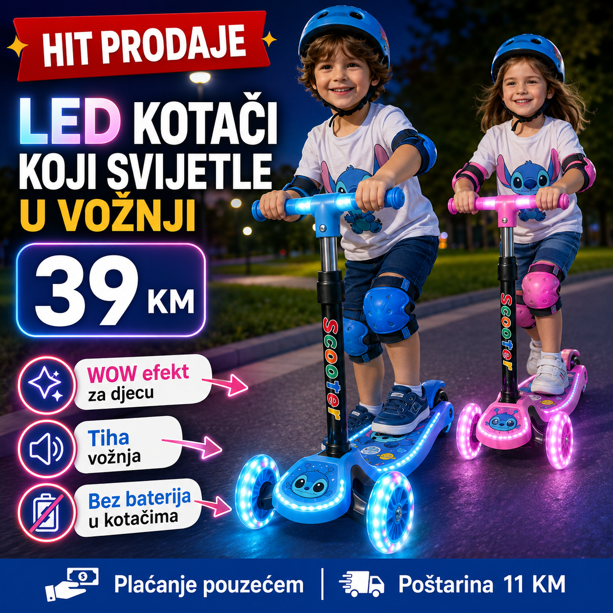 Dječji Romobil sa LED Svjetlima – – Plava – slika 1
