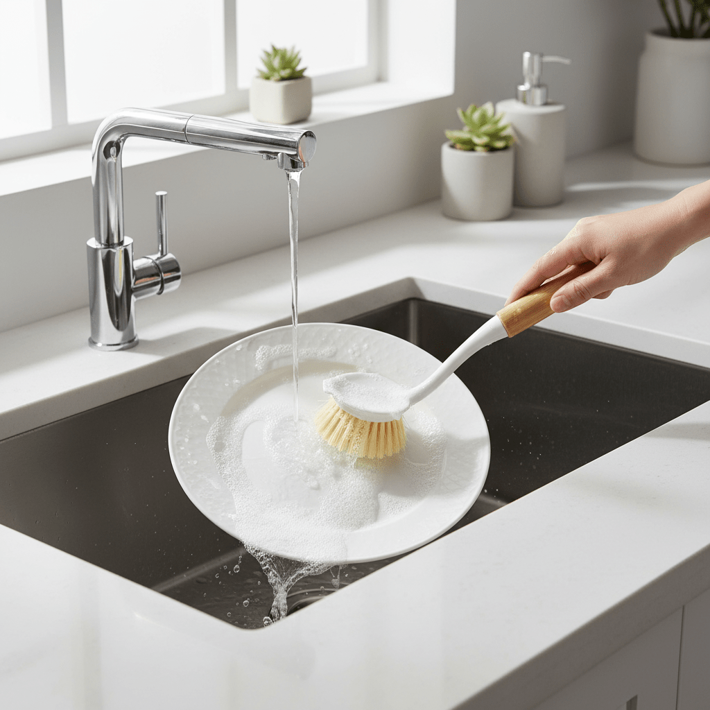 Ekološka Četka za Suđe s Drvenom Drškom - BRUSH AND CLEAN – Alati za čišćenje – Univerzalna Prirodno Drvo/Bijela – slika 2