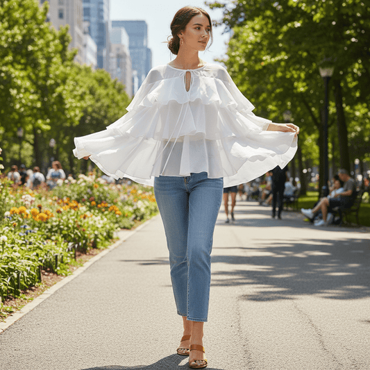 Elegantna Bijela Bluza s Višeslojnim Volanima i Vezanjem – Ženske bluze – Univerzalna – slika 1