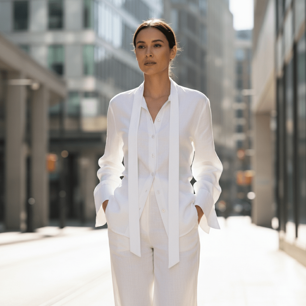 Elegantna Bijela Lanena Košulja s Detaljem Kravate – Ženska Odjeća – S – slika 1