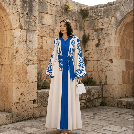 Elegantna Bijelo - Plava Maxi Haljina s Etno Uzorkom – Haljine – S Bijelo - Plava – slika 1