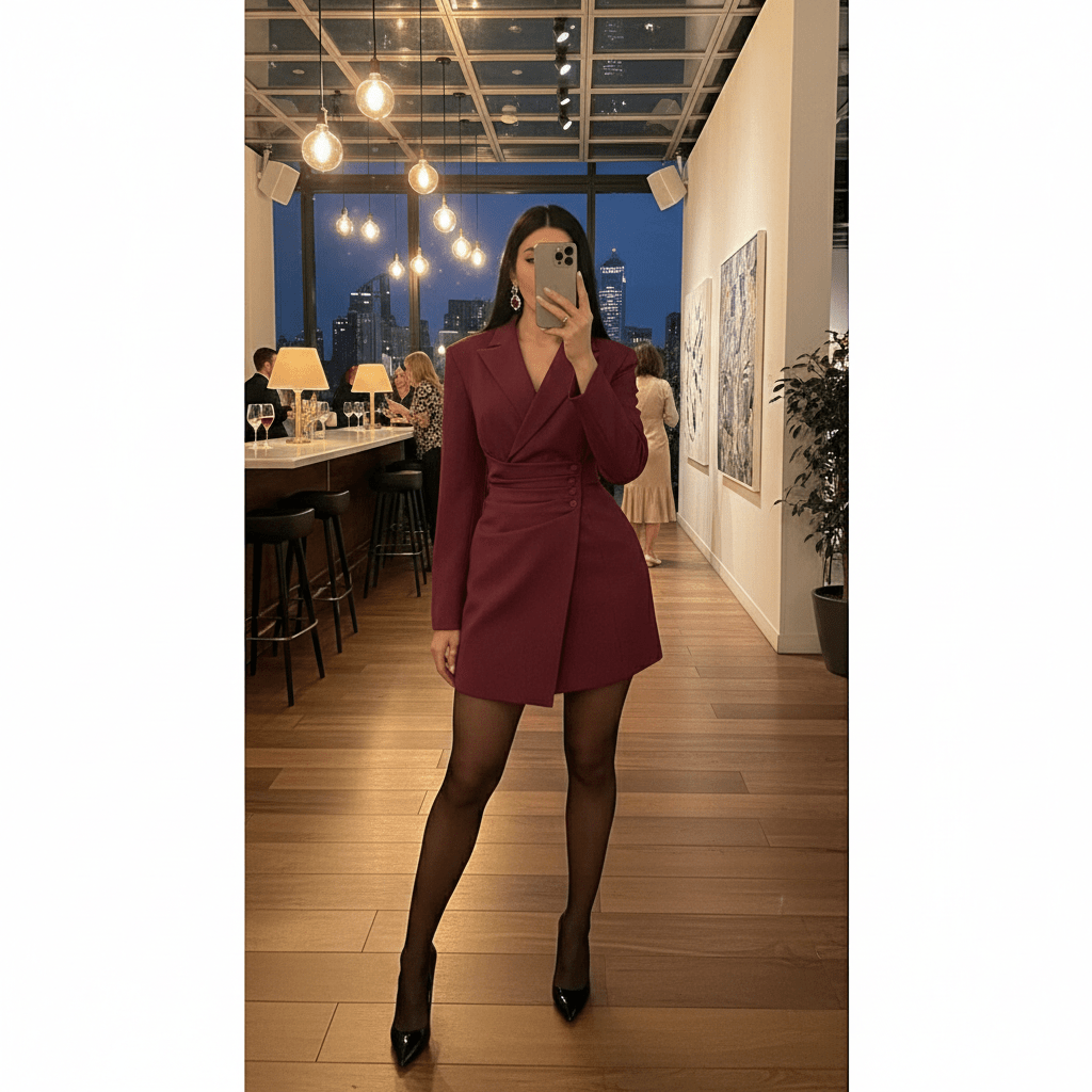Elegantna Burgundija Blazer Haljina – Ženske Haljine – Univerzalna – slika 5