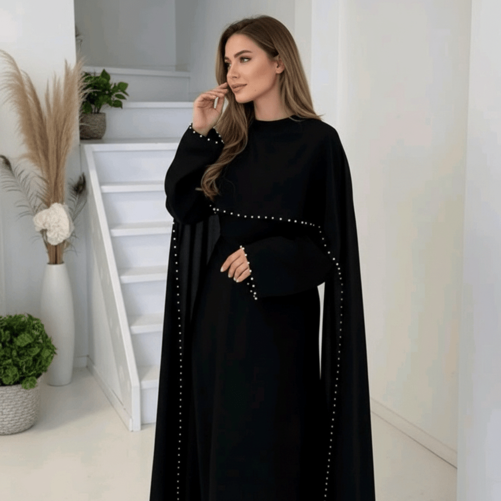 Elegantna Crna Abaja s Biserima – Ženska odjeća – Univerzalna Crna – slika 5