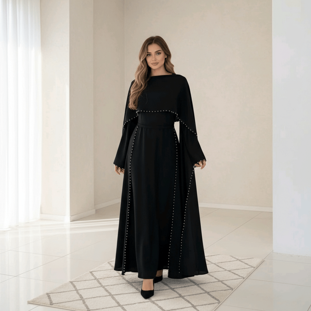 Elegantna Crna Abaja s Biserima – Ženska odjeća – Univerzalna Crna – slika 3