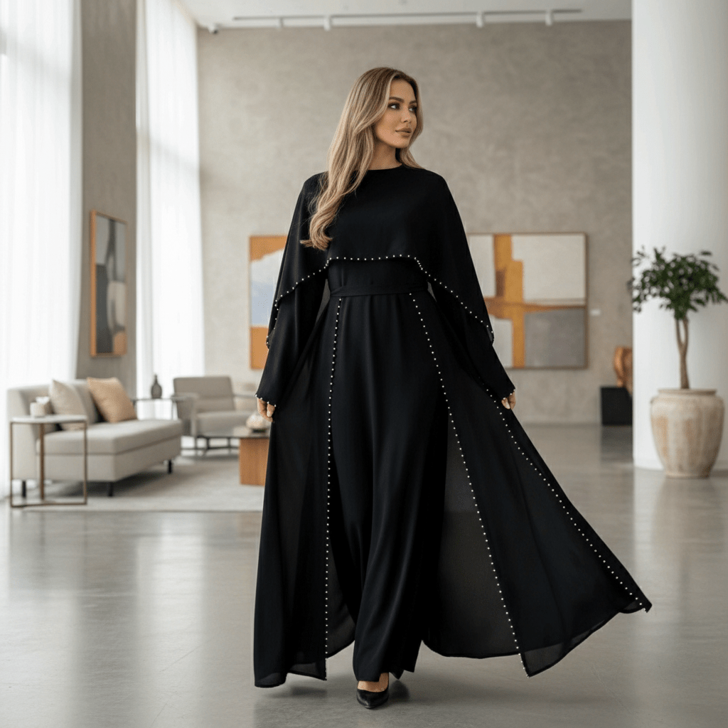 Elegantna Crna Abaja s Biserima – Ženska odjeća – Univerzalna Crna – slika 1