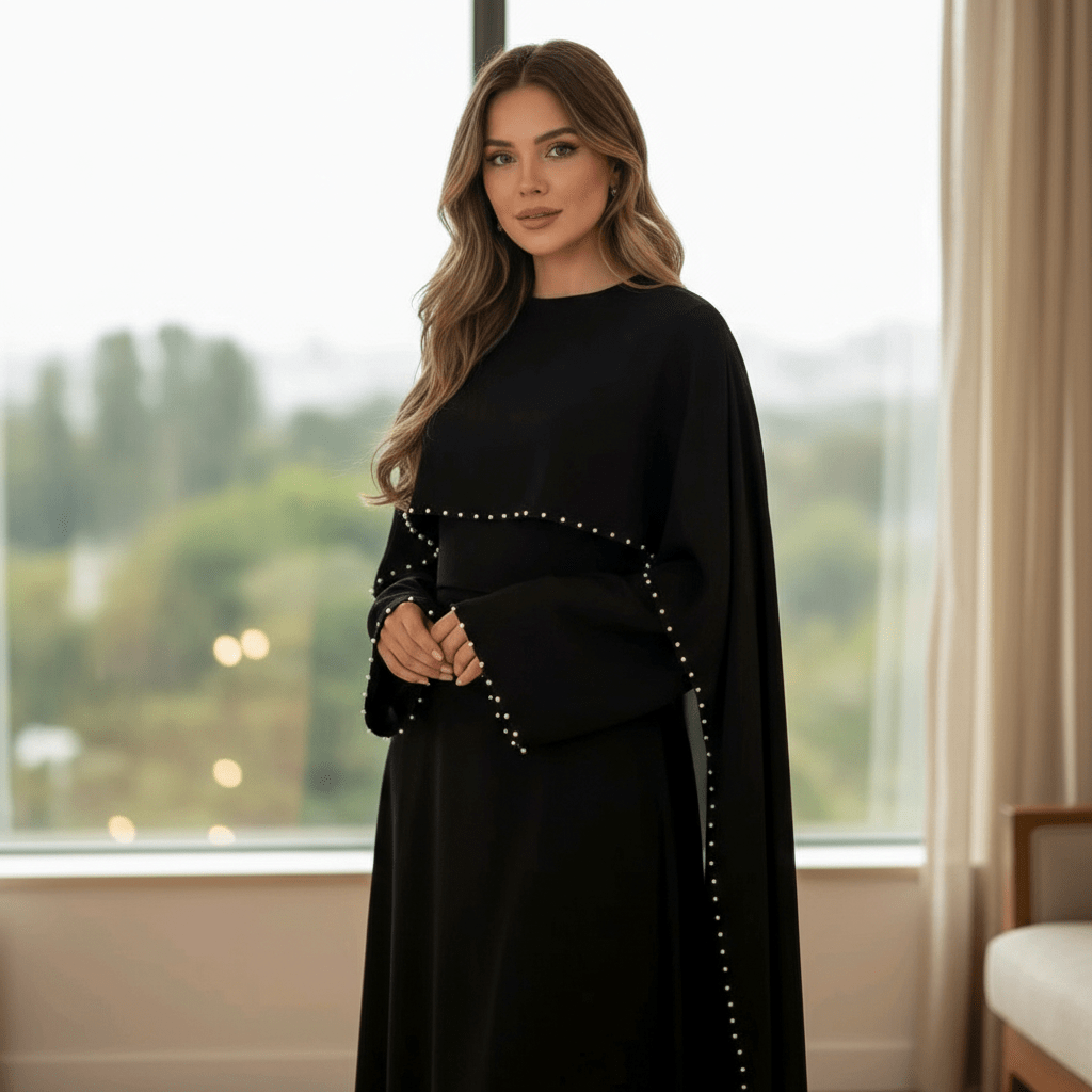 Elegantna Crna Abaja s Biserima – Ženska odjeća – Univerzalna Crna – slika 2