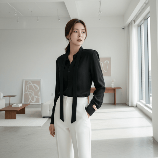 Elegantna Crna Bluza sa Kravatom i Zlatnim Detaljem – Ženska odjeća – S – slika 1