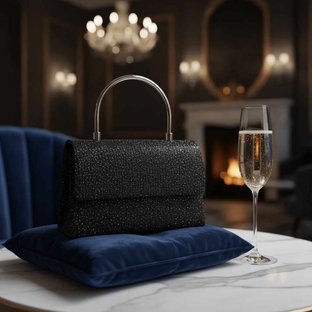 Elegantna Crna Glitter Torbica sa Metalnom Ručkom – Torbice – Crna – slika 4
