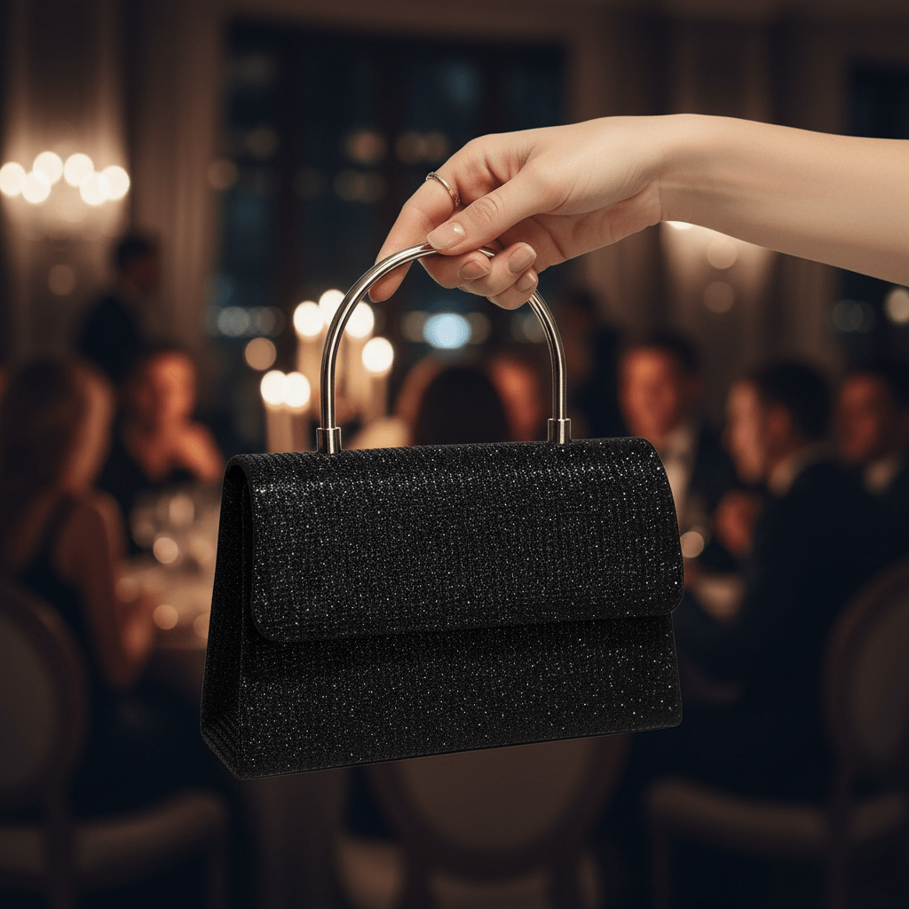 Elegantna Crna Glitter Torbica sa Metalnom Ručkom – Torbice – Crna – slika 3