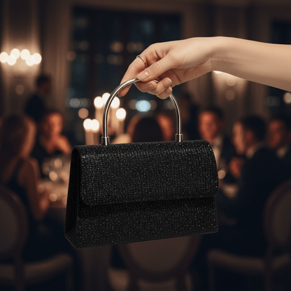 Elegantna Crna Glitter Torbica sa Metalnom Ručkom – Torbice – Crna – slika 3